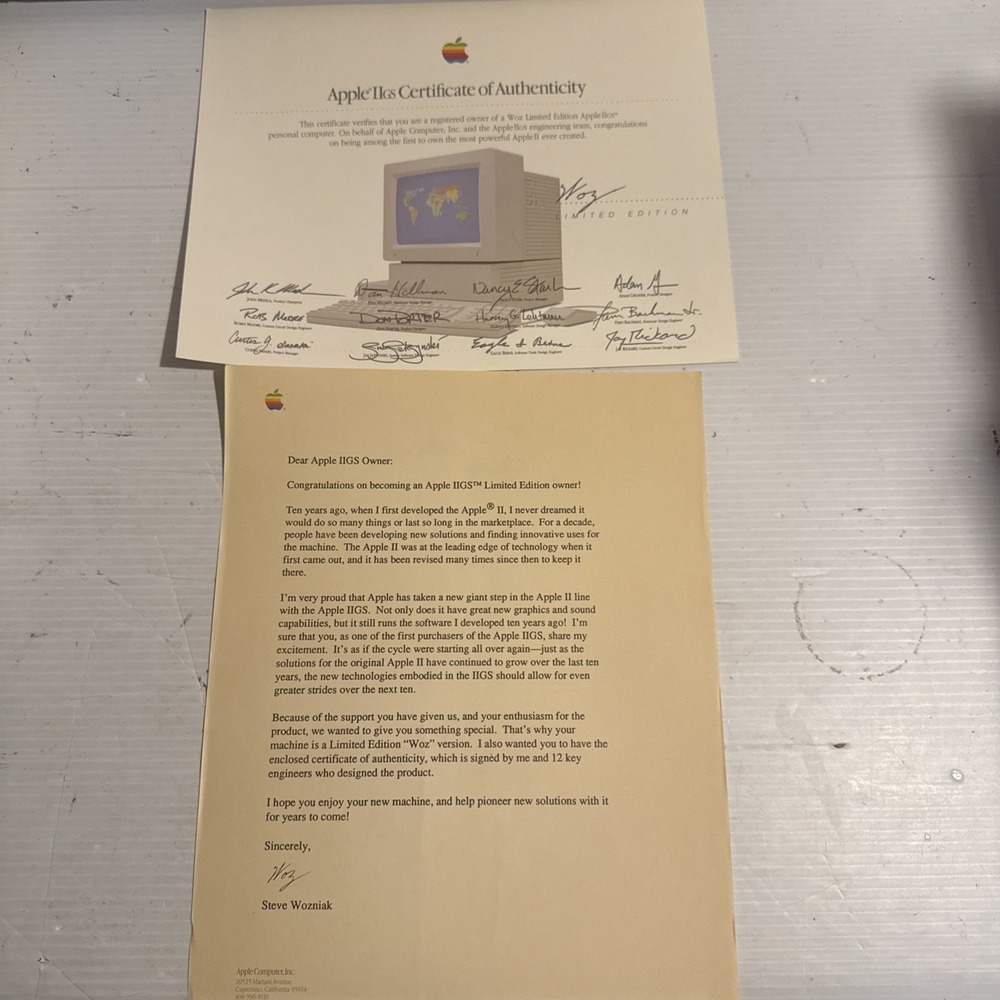 Apple IIGS Woz Limited Edition Computer Certificate of Authenticity & Letter